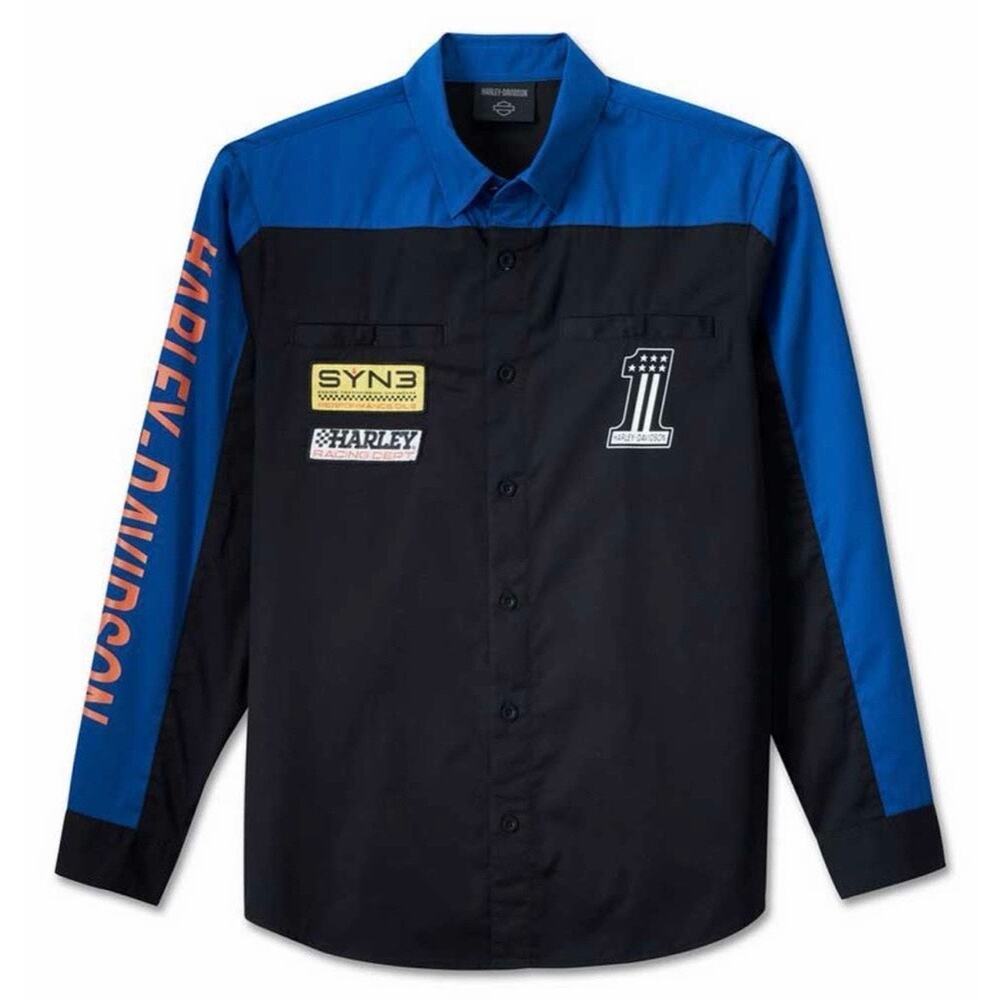 NWT Harley Davidson #1 Victory Mens 3XL Blue Cotton Twill Colorblock Shirt